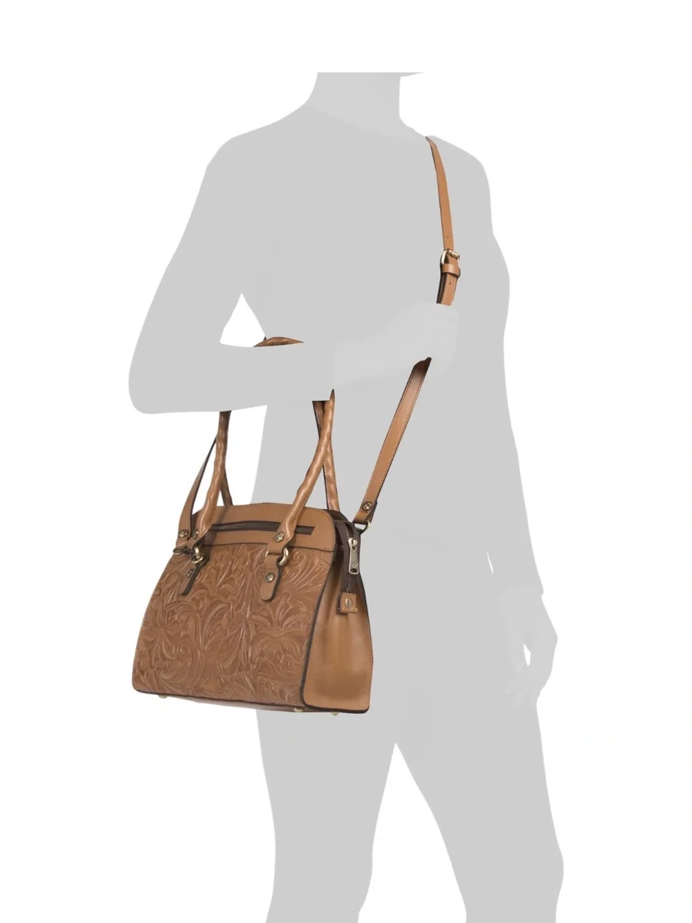 Patricia Nash Tan Embossed Leather Satchel with Floral Tooling